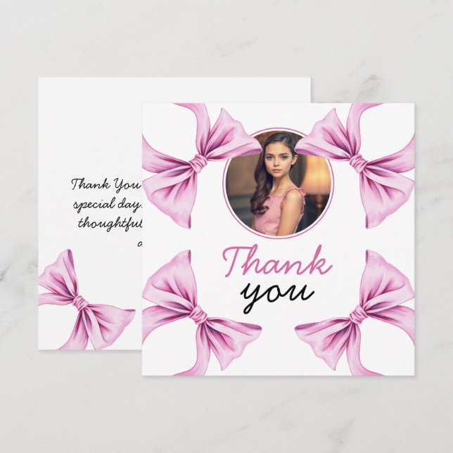 Elegant Pink Bow Coquette Photo Sweet 16 Birthday Thank You Card (Front/Back)