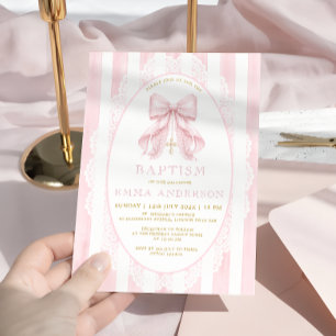 Elegant Pink Bow & Cross Girl Baptism Invitation