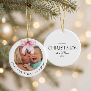 Elegant Pink Bow First Christmas as a Mom Photo Ceramic Ornament