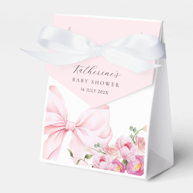  Elegant Pink Bow Floral Baby Shower Favor Box (Front Side)