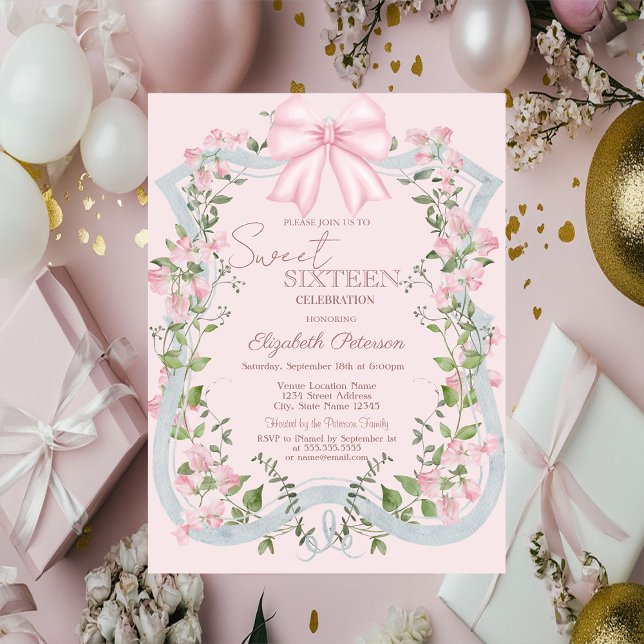 Elegant Pink Bow Floral Frame Sweet 16   Invitation (Creator Uploaded)