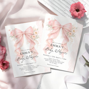 Elegant Pink Bow Floral Girl Baby Shower Invitation