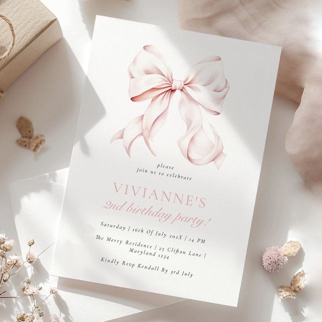 Elegant Pink Bow Girl 2nd Birthday Invitation (Creator Uploaded)