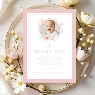 Elegant Pink Bow Girl Baptism Photo Thank You Card