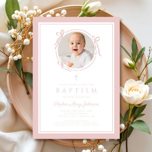Elegant Pink Bow Girl Photo Baptism Invitation