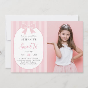 Elegant Pink Bow Girl Sweet 16 Birthday Photo Invitation