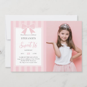 Elegant Pink Bow Girl Sweet 16 Birthday Photo Invitation