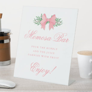 Elegant Pink Bow Momosa Bar Baby Shower Pedestal Sign