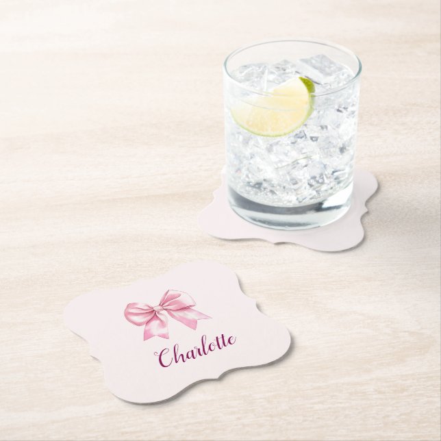 Elegant Pink Bow & Name Personalized Paper Coaster (Insitu)