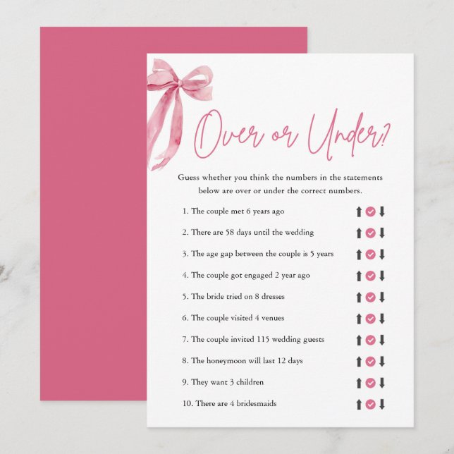 Elegant Pink Bow Over or Under Bridal Shower Game Invitation (Front/Back)