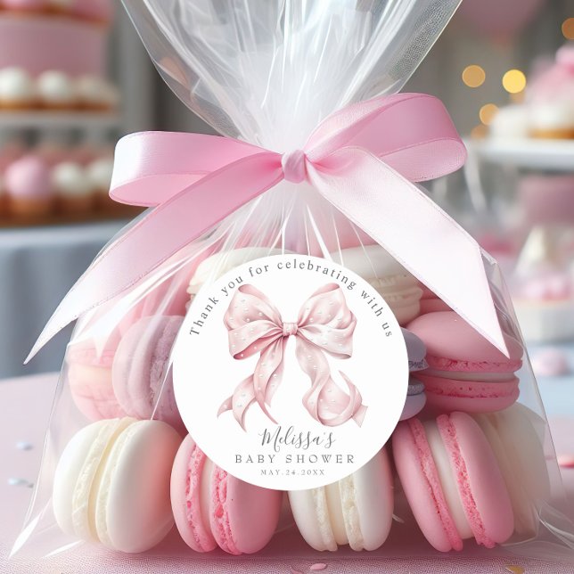 Elegant Pink Bow Pearls Baby Shower Girl Classic Round Sticker (Creator Uploaded)