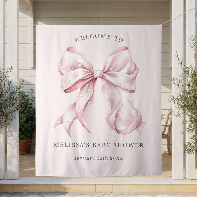 Elegant Pink Bow & Pearls Baby Shower Tapestry (Creator Uploaded)