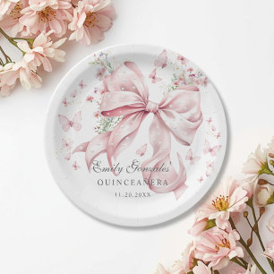 Elegant Pink Bow & Pearls Coquette Quinceañera Paper Plate