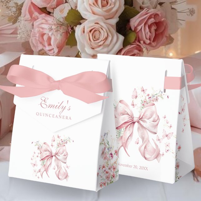Elegant Pink Bow Pearls Floral Quinceanera Gift Favor Box (Elegant Pink Bow Pearls floral Quinceañera Birthday Gift favor boxes)