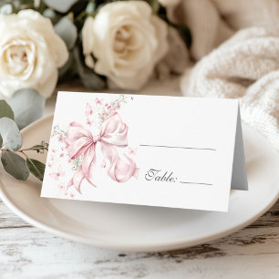 Elegant Pink Bow Pearls Floral Table Place Card
