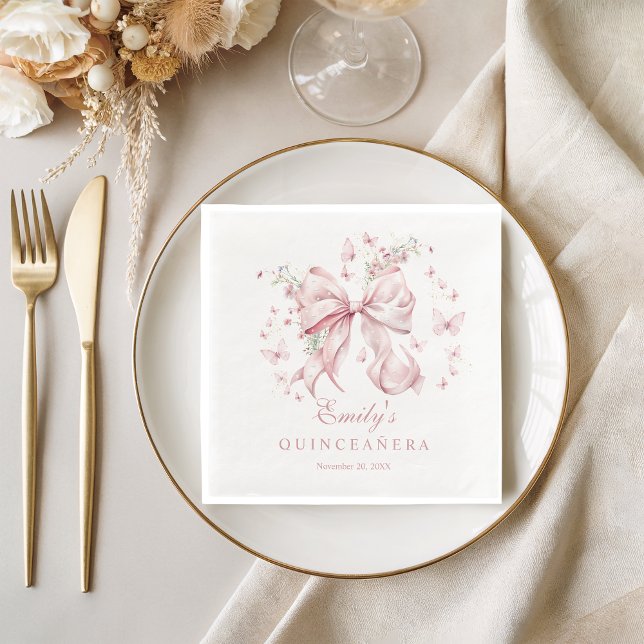 Elegant Pink Bow Pearls Quinceanera Birthday Napkin (Coquette Pink Bow and Pearls with wilflowers and butterflies Quinceanera Birthday Napkin)