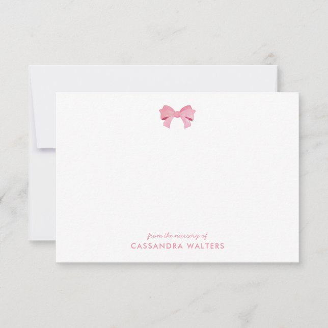 Elegant Pink Bow Personalized Nursery Note Card (Front)