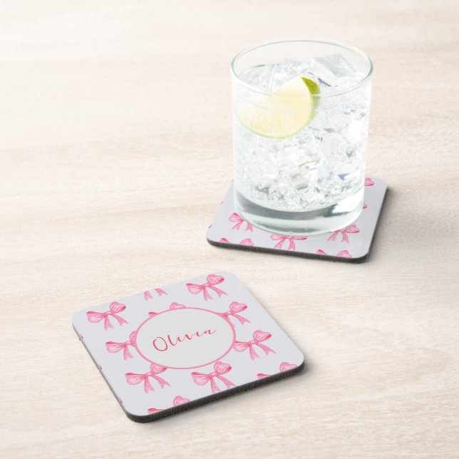 Elegant Pink Bow Personalized Strong Paper Coaster (Right Side)