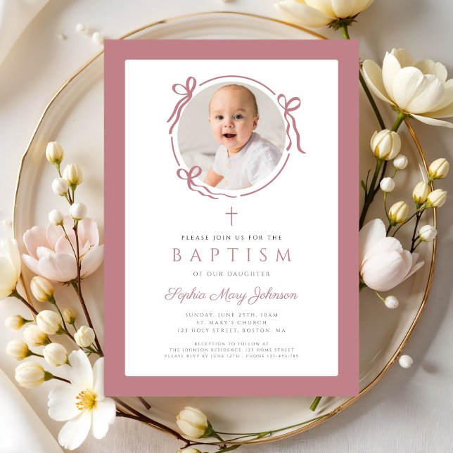 Elegant Pink Bow Photo Baptism Invitation (Elegant Pink Bow Photo Baptism Invitation)