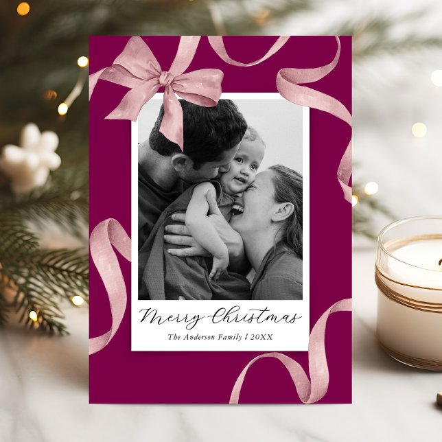 Elegant Pink Bow Photo Christmas Holiday Card (Creator Uploaded)