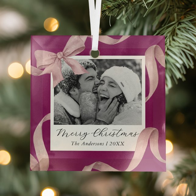 Elegant Pink Bow Photo Holiday Glass Ornament (Creator Uploaded)