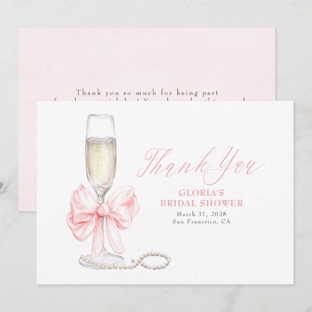 Elegant Pink Bow Prosecco Bridal Shower Thank You (Front/Back)