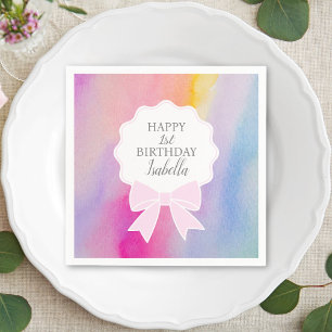 Elegant Pink Bow Rainbow Watercolor First Birthday Napkin