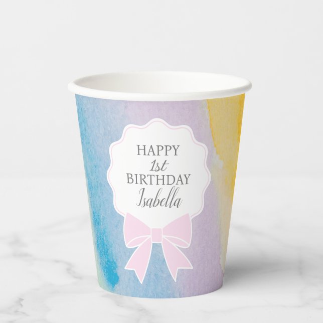 Elegant Pink Bow Rainbow Watercolor First Birthday Paper Cups (Front)