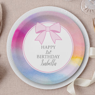 Elegant Pink Bow Rainbow Watercolor First Birthday Paper Plate