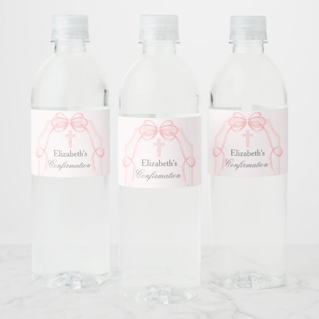 Elegant Pink Bow Ribbon Confirmation Party Water Bottle Label (Bottles)