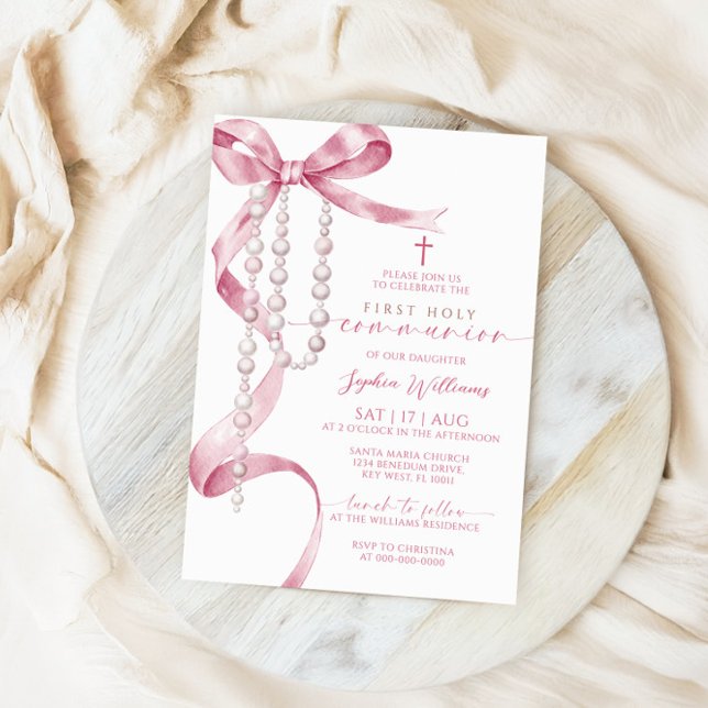 Elegant Pink Bow & Rosary First Holy Communion Invitation (Creator Uploaded)
