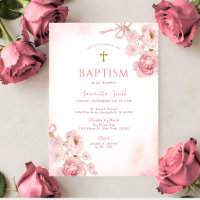 Elegant Pink Bow Rose Floral Cross Girl Baptism