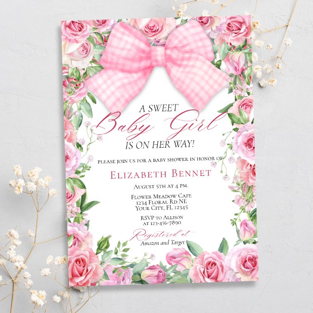 Elegant Pink Bow & Roses Coquette Girl Baby Shower Invitation (Creator Uploaded)