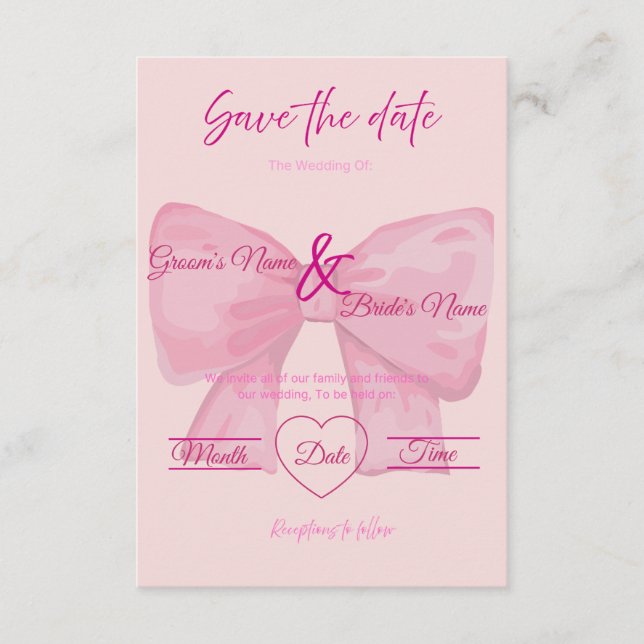 Elegant Pink Bow "Save the Date" Wedding  Invitation (Front)