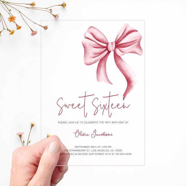 Elegant Pink Bow Sweet Sixteen Birthday Party Acrylic Invitations (Creator Uploaded)