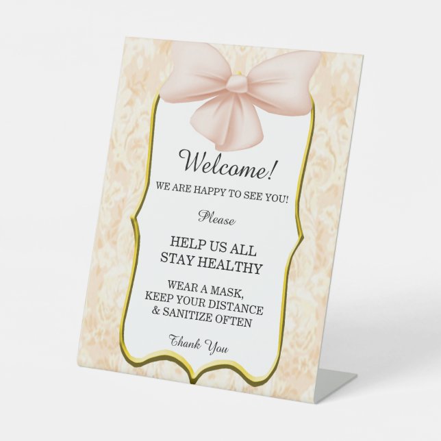 Elegant Pink Bow Wedding Safety  Pedestal Sign (Front)