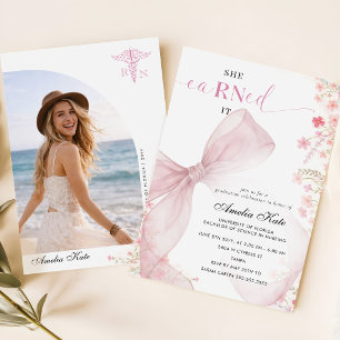 Elegant Pink Bow Wildflower Photo RN Graduation Invitation