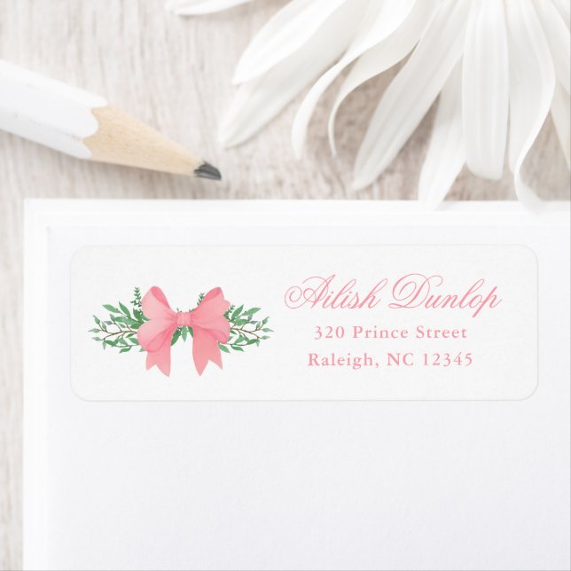 Elegant Pink Bow with Greenery Adresse de retour (En situation)