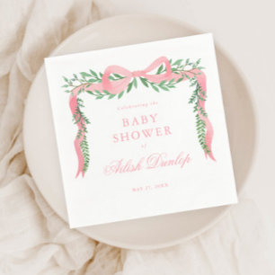 Elegant Pink Bow with Greenery Girl Baby Shower Napkin