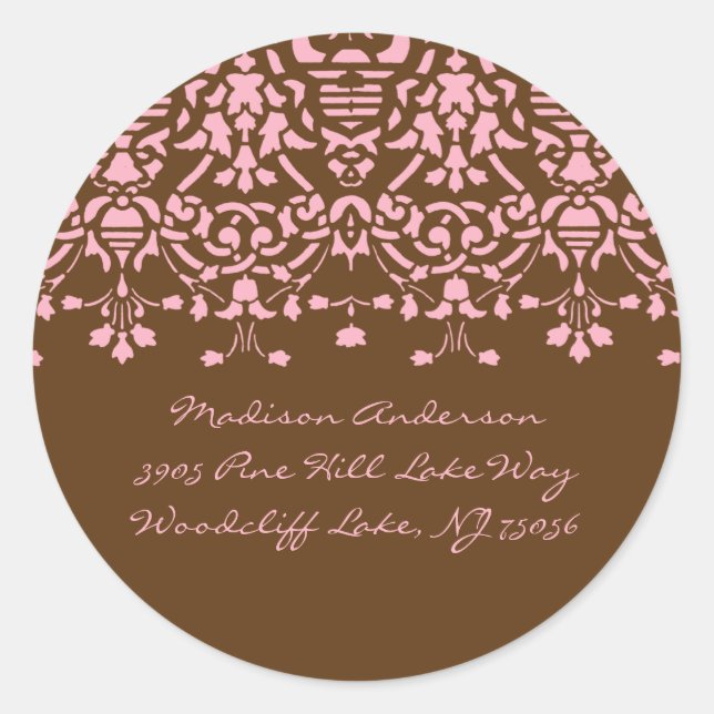Elegant Pink & Brown Damask Address Label (Front)