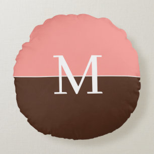 Elegant pink &brown monogram round pillow