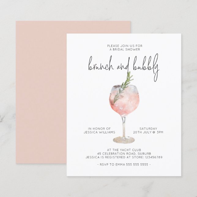 Elegant Pink Brunch & Bubbly Bridal Shower Invitat (Front/Back)
