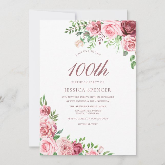 Elegant Pink & Burgundy 100th Birthday Invite (Front)