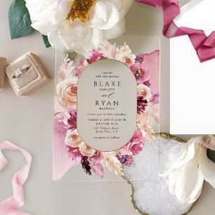 Elegant Pink, Burgundy, Champagne Floral Wedding Acrylic Invitations
