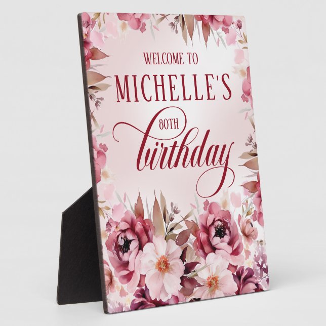 Elegant Pink Burgundy Floral 80th Birthday Plaque (Side)