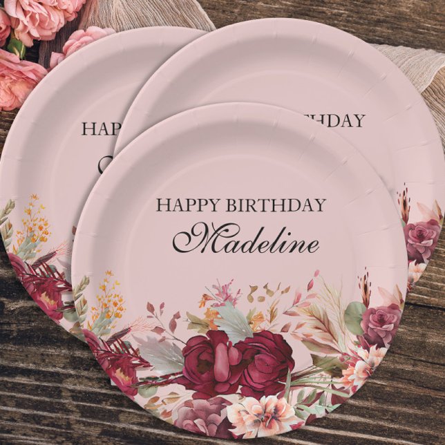 Elegant Pink Burgundy Floral Happy Birthday Paper Plate (Creator Uploaded)