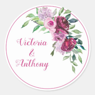 Elegant Pink Burgundy Floral Script Wedding Classic Round Sticker