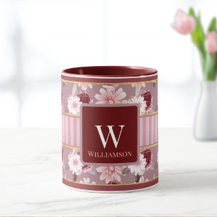 Elegant Pink Burgundy Floral Stripe Monogram  Mug