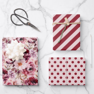 Elegant Pink Burgundy Floral Striped Polka Dot Wrapping Paper Sheet