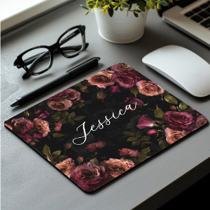 Elegant Pink Burgundy Moody Botanical Floral Mouse Pad